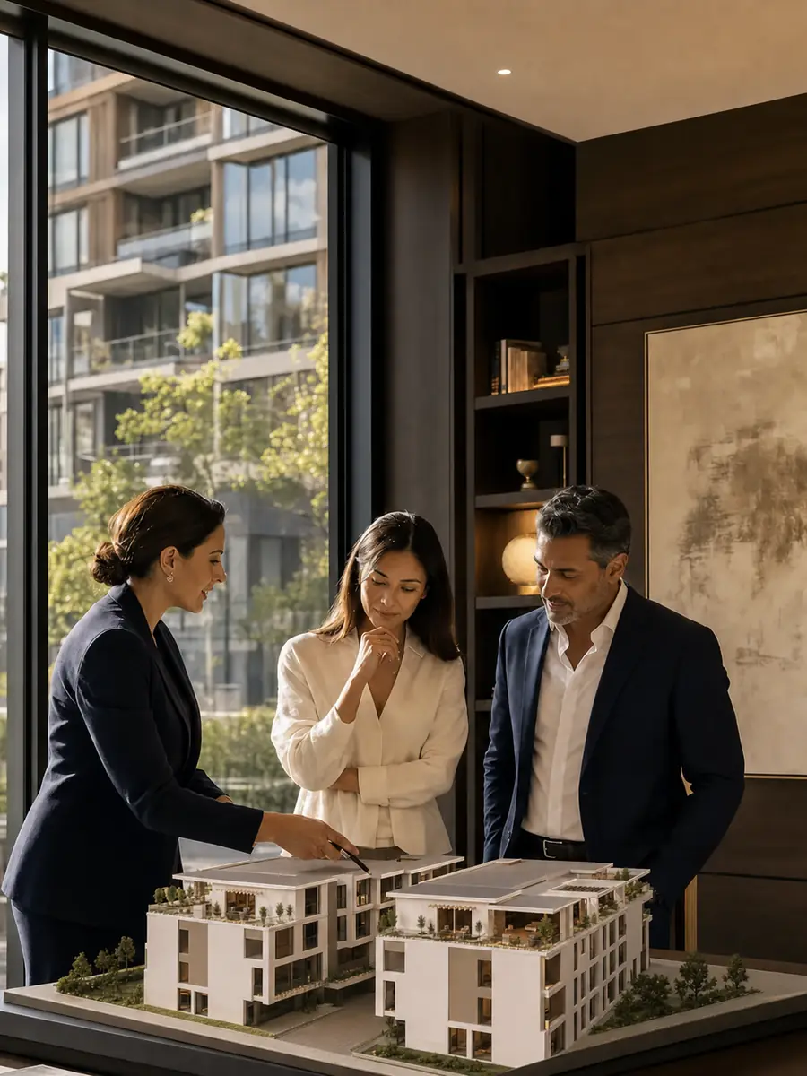 An investor couple reviews the Lamon Residence scale model with an investment professional