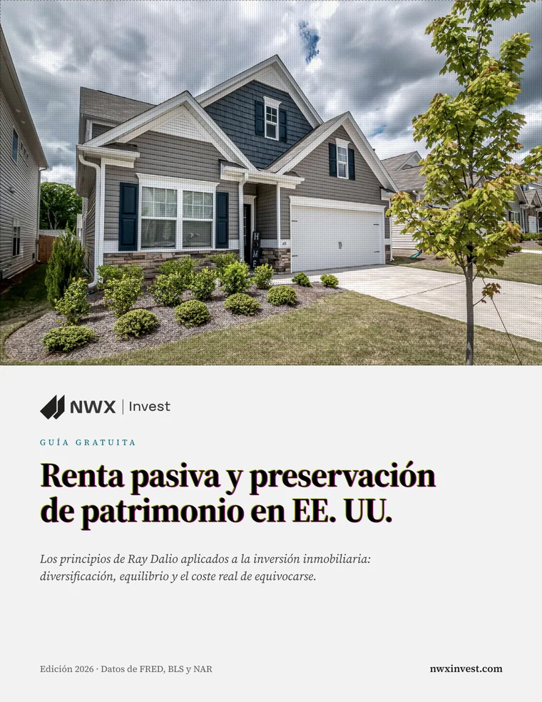Portada de la guía: casa estadounidense en calle residencial, bajo el título
