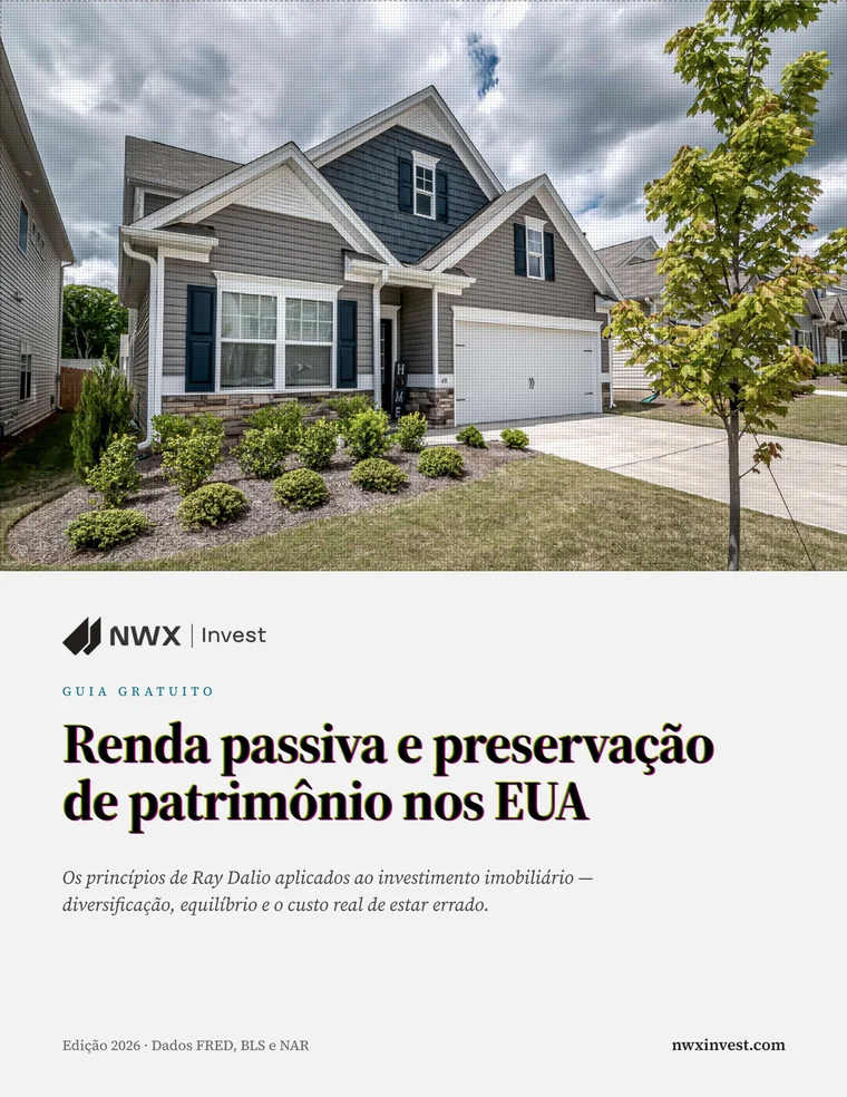 Capa do guia: casa americana em rua residencial, sob o título do guia