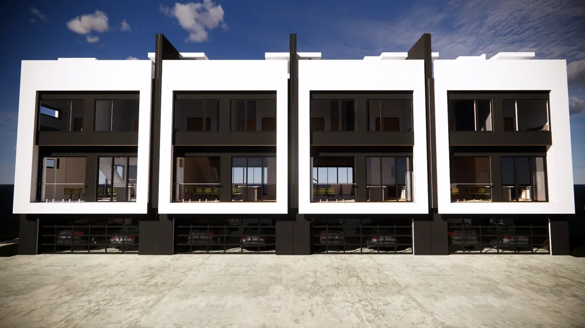 Daytime conceptual rendering of the Lamon Residence townhome facade with realistic materials.