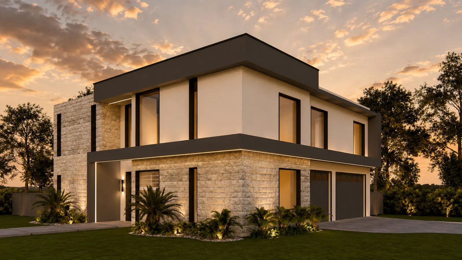Conceptual architectural rendering of the proposed Navigator 299 residence at dusk.
