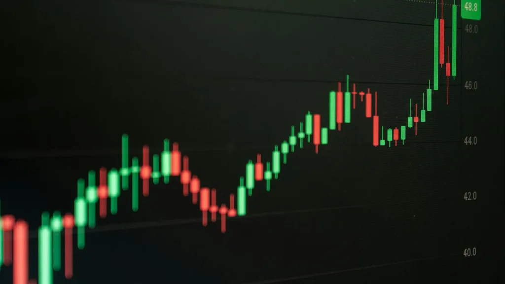 Rising candlestick chart on a trading screen